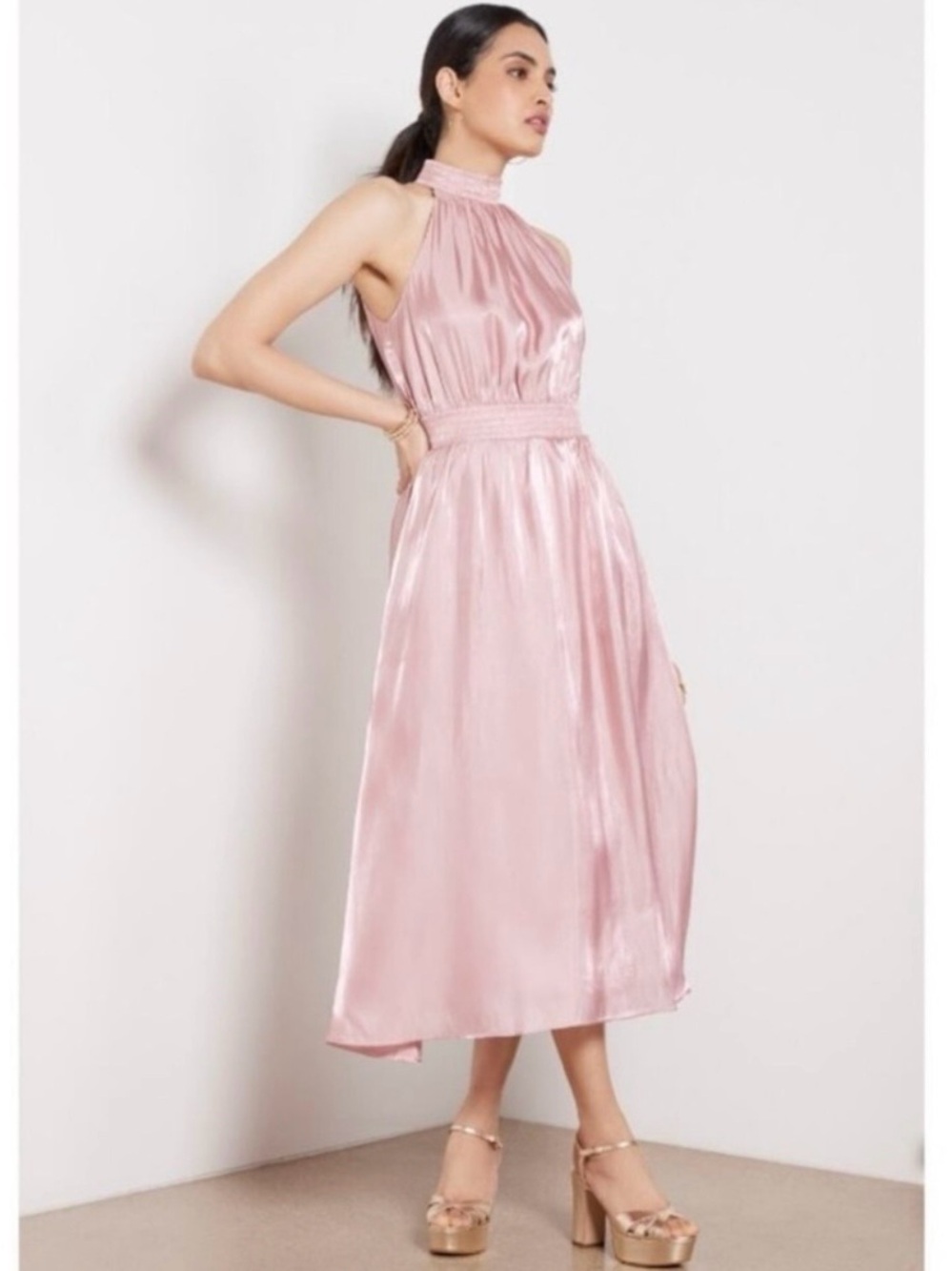 Evereve o.p.t. Caralyn Midi Dress in Blush Pink Silky Satin Draped Medium